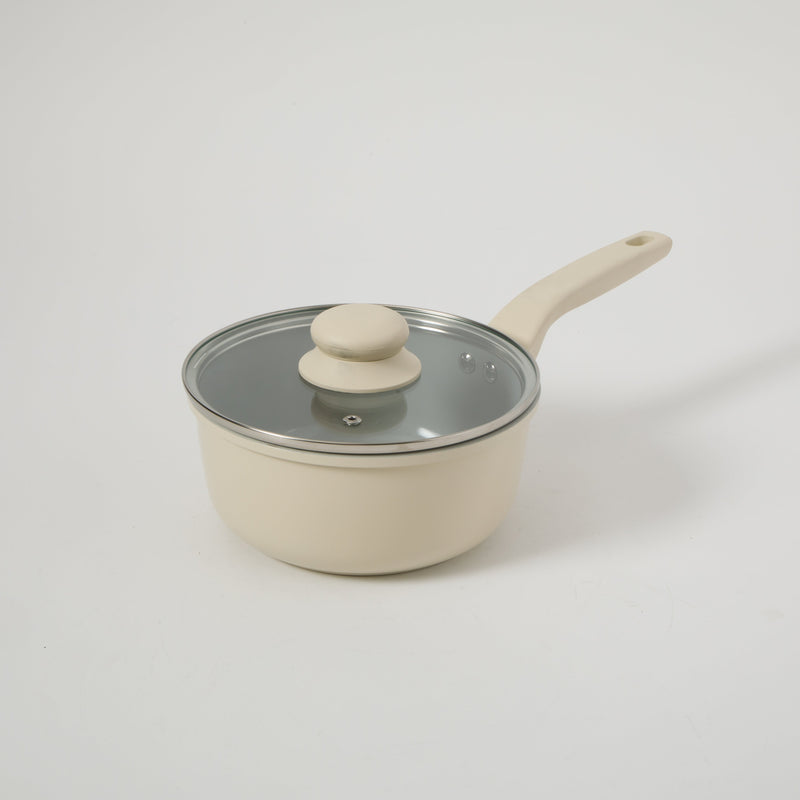 Gibson Home Barnsdall 2qt Aluminum Saucepan w/ Glass Lid - Linen - Grey Ceramic Nonstick Interior - Soft Touch Handle - Forged Look - Color Label