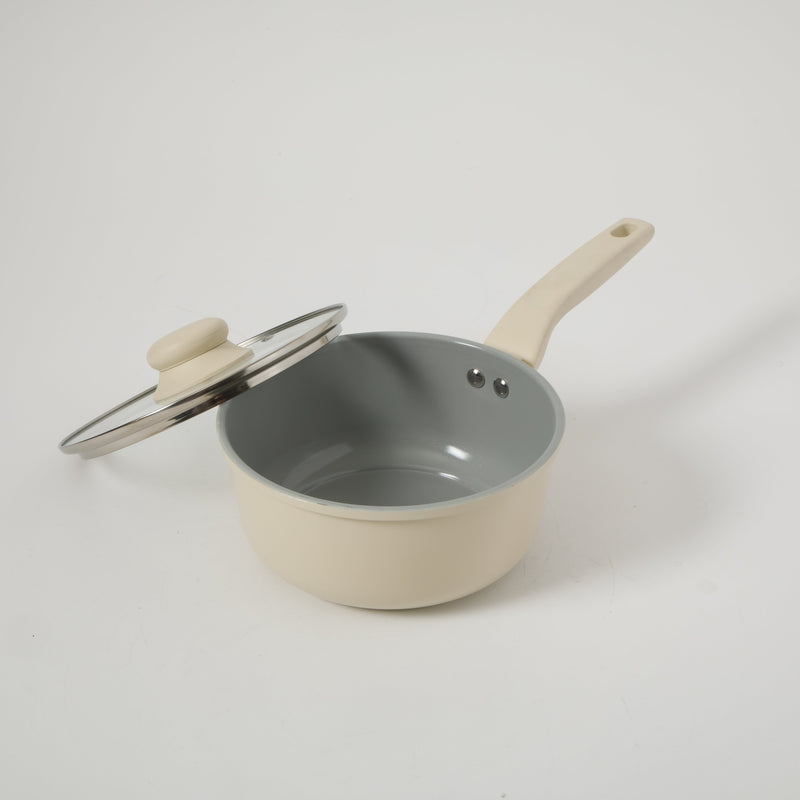 Gibson Home Barnsdall 2qt Aluminum Saucepan w/ Glass Lid - Linen - Grey Ceramic Nonstick Interior - Soft Touch Handle - Forged Look - Color Label