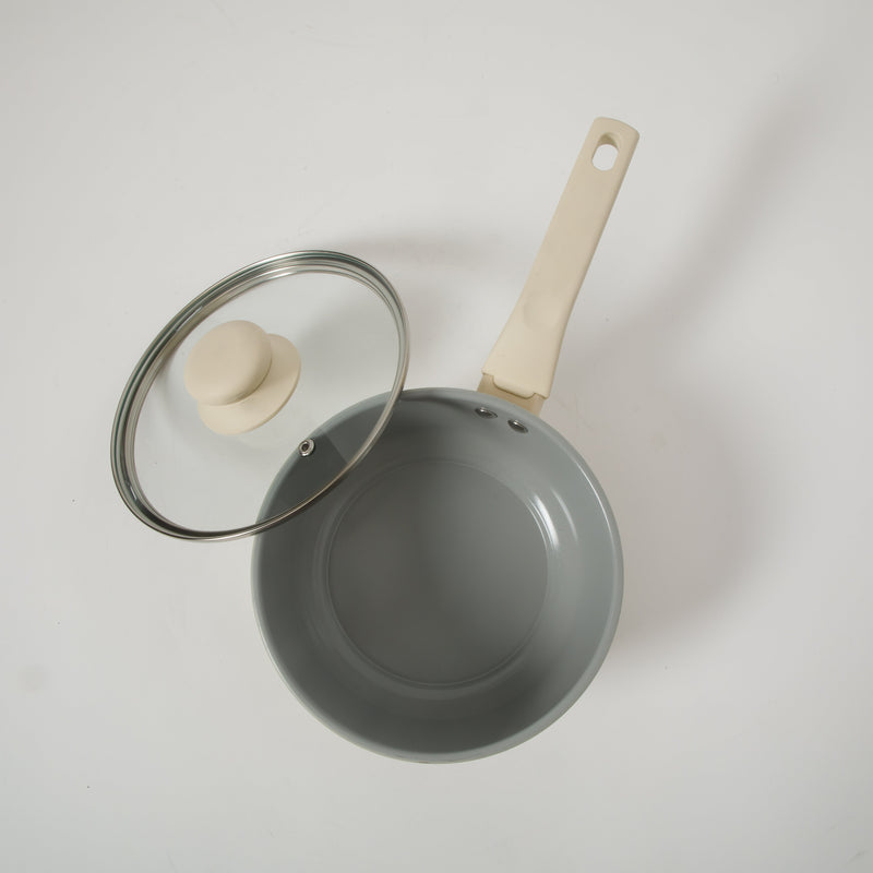 Gibson Home Barnsdall 2qt Aluminum Saucepan w/ Glass Lid - Linen - Grey Ceramic Nonstick Interior - Soft Touch Handle - Forged Look - Color Label