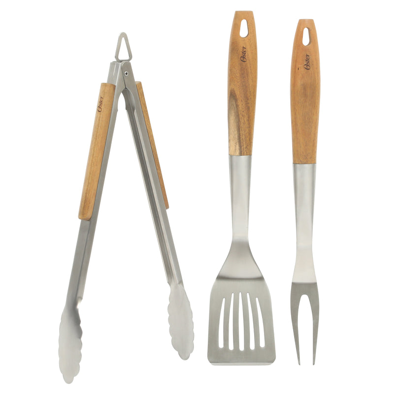 Oster Balincourt 3pc Stainless Steel BBQ Tools - Acacia Wood Handle - Color Sleeve