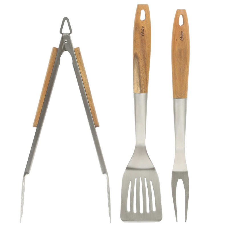 Oster Balincourt 3pc Stainless Steel BBQ Tools - Acacia Wood Handle - Color Sleeve