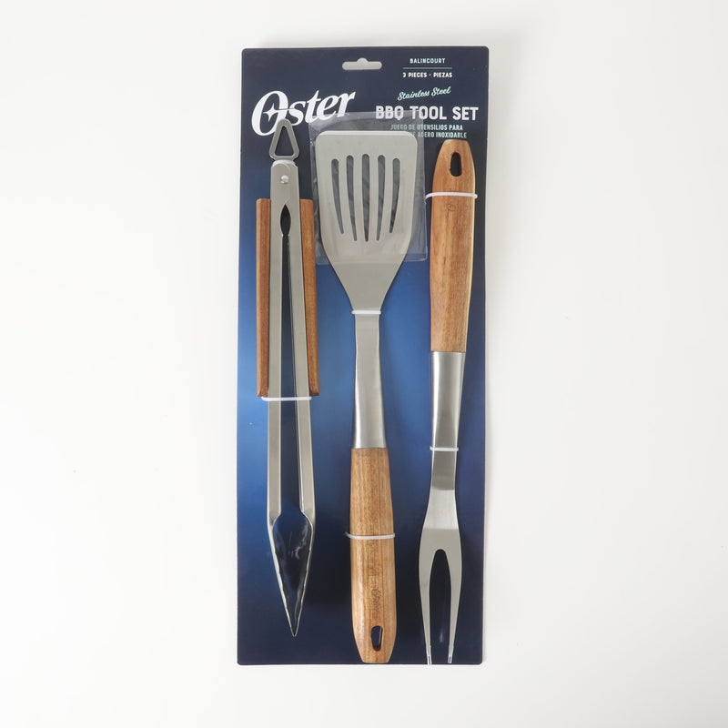 Oster Balincourt 3pc Stainless Steel BBQ Tools - Acacia Wood Handle - Color Sleeve