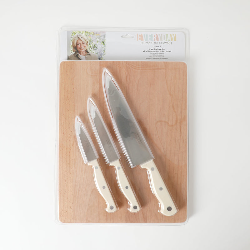 Martha Stewart Everyday Keswick - 4pc Stainless Steel Cutlery Set w/ Sheaths & Wood Cutting Board - Linen - Pistol Grip PP Handle - Clam Pack