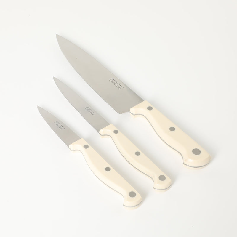 Martha Stewart Everyday Keswick - 4pc Stainless Steel Cutlery Set w/ Sheaths & Wood Cutting Board - Linen - Pistol Grip PP Handle - Clam Pack