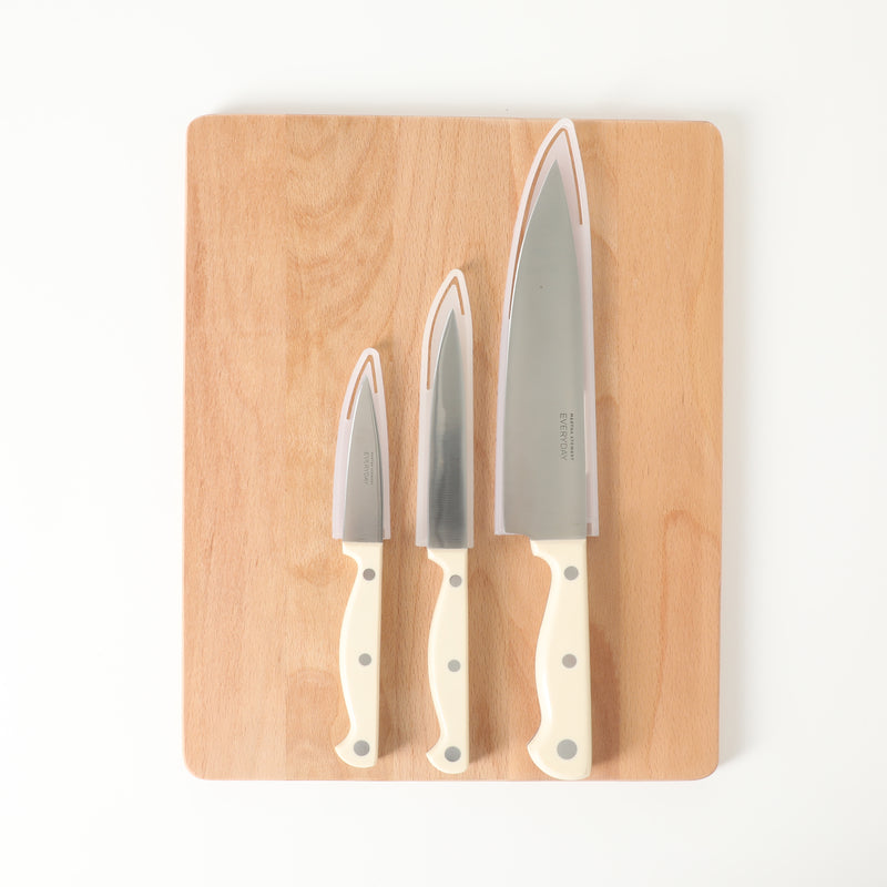Martha Stewart Everyday Keswick - 4pc Stainless Steel Cutlery Set w/ Sheaths & Wood Cutting Board - Linen - Pistol Grip PP Handle - Clam Pack