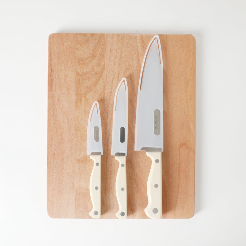 Martha Stewart Everyday Keswick - 4pc Stainless Steel Cutlery Set w/ Sheaths & Wood Cutting Board - Linen - Pistol Grip PP Handle - Clam Pack