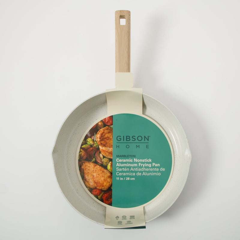 Gibson Home Marbleton 11" Aluminum Frying Pan - Ceramic Speckle Interior - Wood Look Handle - Color Sleeve