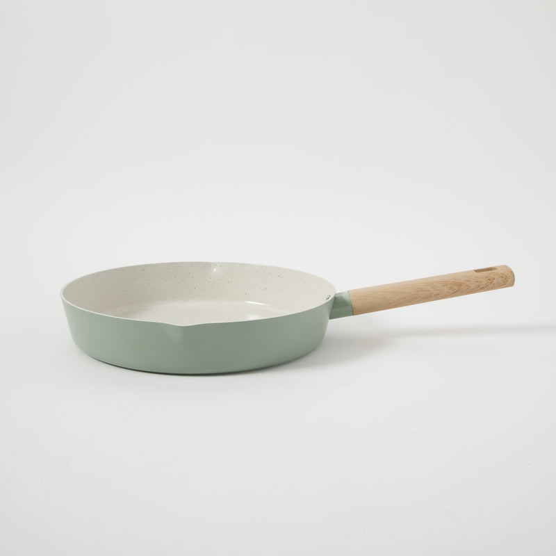 Gibson Home Marbleton 11" Aluminum Frying Pan - Ceramic Speckle Interior - Wood Look Handle - Color Sleeve