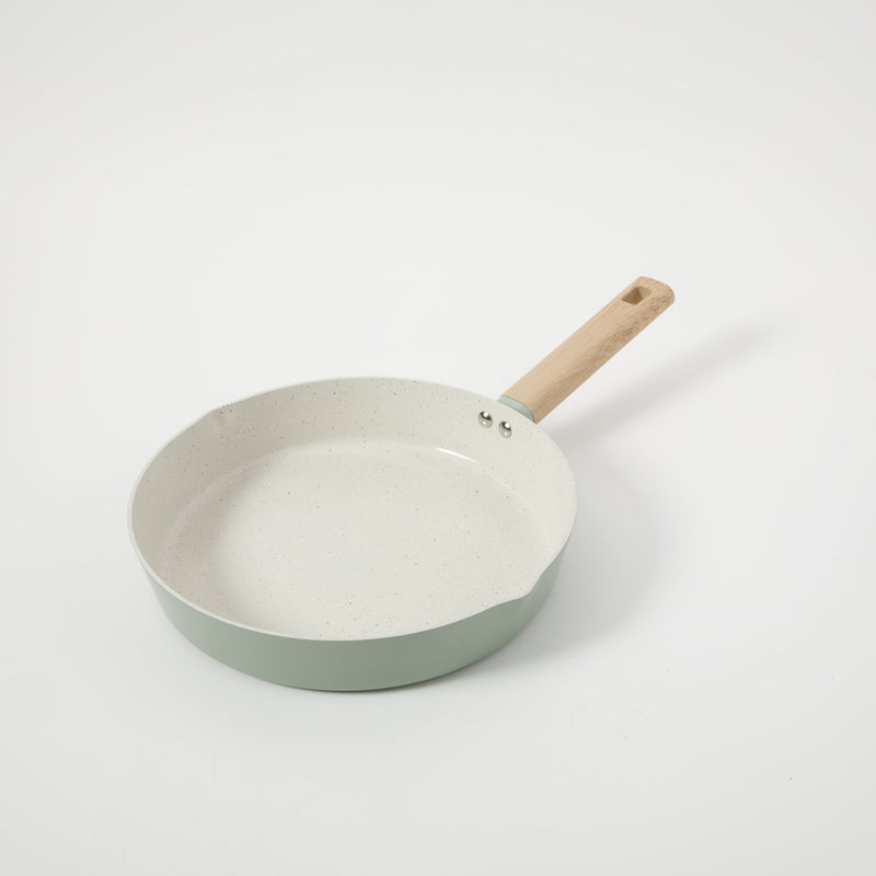 Gibson Home Marbleton 11" Aluminum Frying Pan - Ceramic Speckle Interior - Wood Look Handle - Color Sleeve