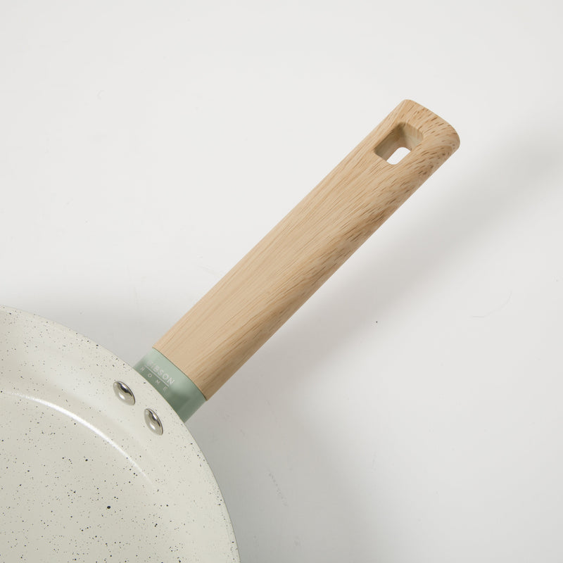 Gibson Home Marbleton 11" Aluminum Frying Pan - Ceramic Speckle Interior - Wood Look Handle - Color Sleeve