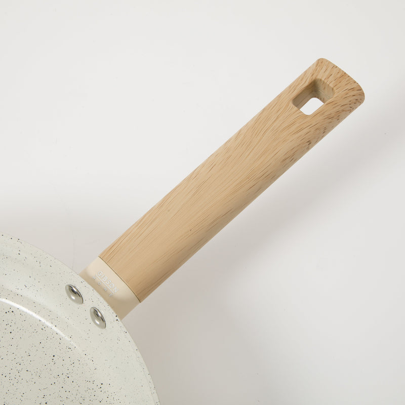 Gibson Home Marbleton 11" Aluminum Frying Pan - Ceramic Speckle Interior - Wood Look Handle - Color Sleeve