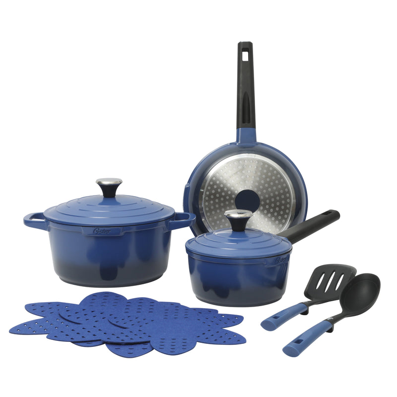 Oster Amberton 10pc Cast Aluminum Cookware Set w/ Kitchen Tools & Felts - Blue - Black Nonstick Interior - Induction Base - Gift Box