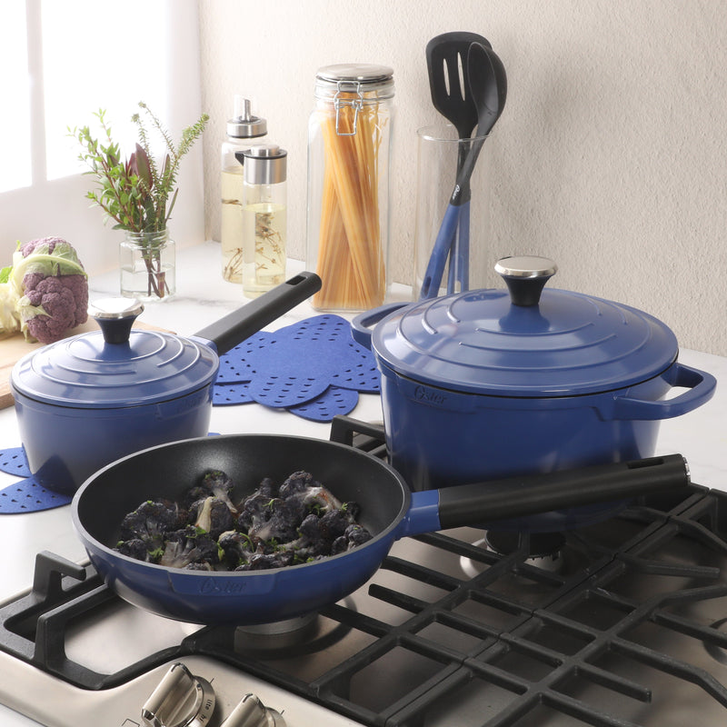 Oster Amberton 10pc Cast Aluminum Cookware Set w/ Kitchen Tools & Felts - Blue - Black Nonstick Interior - Induction Base - Gift Box