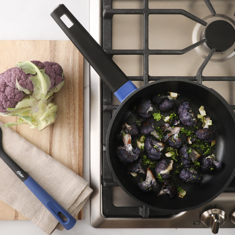 Oster Amberton 10pc Cast Aluminum Cookware Set w/ Kitchen Tools & Felts - Blue - Black Nonstick Interior - Induction Base - Gift Box