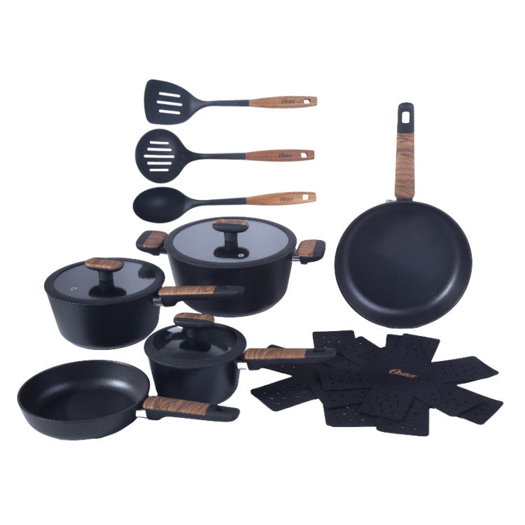 Oster Oxburg 14pc Aluminum Cookware Combo Set - Matte Black - Nonstick Interior - Induction Base - Black 2 Tone Soft Touch Wooden Handle - Gift Box w/ Remailer