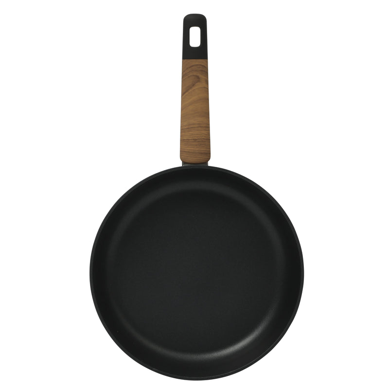Oster Oxburg 10" Aluminum Frying Pan - Matte Black - Nonstick Interior - Induction Base - Black 2 Tone Soft Touch Wooden Handle - Color Sleeve