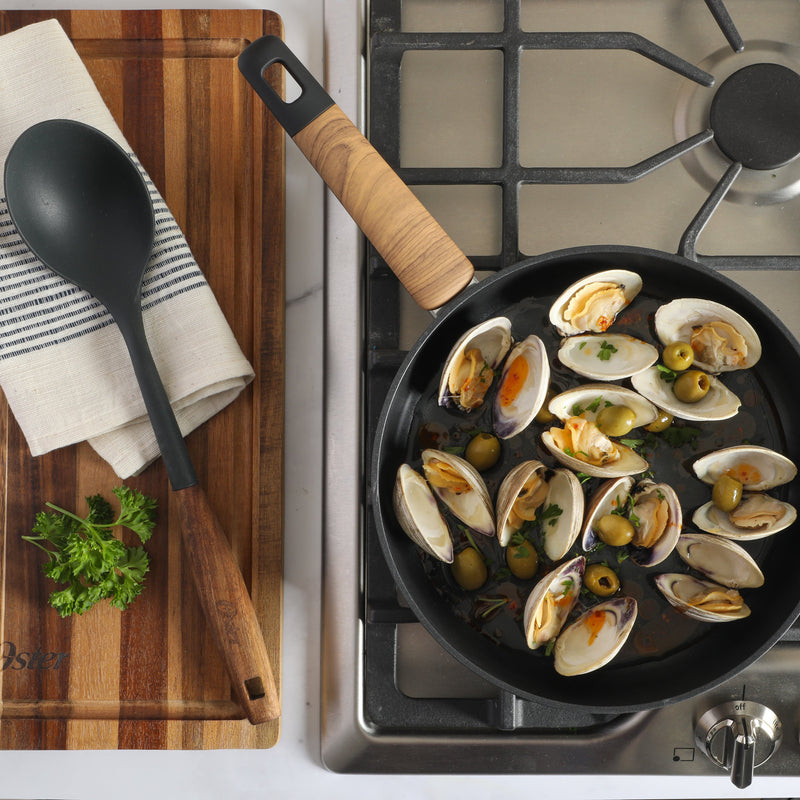 Oster Oxburg 10" Aluminum Frying Pan - Matte Black - Nonstick Interior - Induction Base - Black 2 Tone Soft Touch Wooden Handle - Color Sleeve