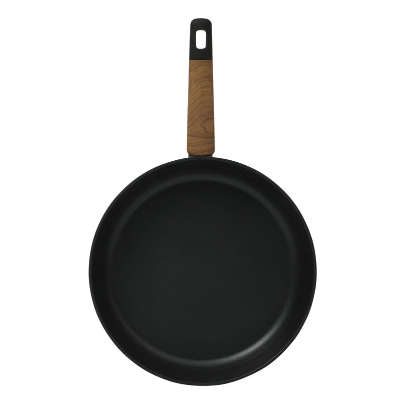 Oster Oxburg 12" Aluminum Frying Pan - Matte Black - Nonstick Interior - Induction Base - Black 2 Tone Soft Touch Wooden Handle - Color Sleeve