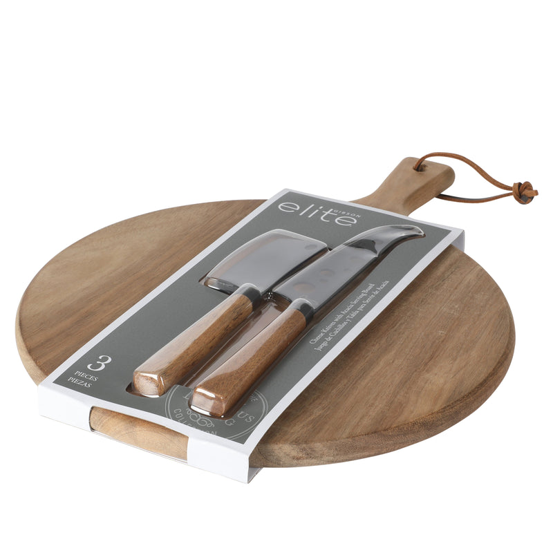 Gibson Elite Gracious Dining 2pc Cheese Knives w/ Leather Hang Rope Serving Board - Matte Black Coated Stainless Steel Blade - Acacia Handle - Clam Pack w/ Window Box