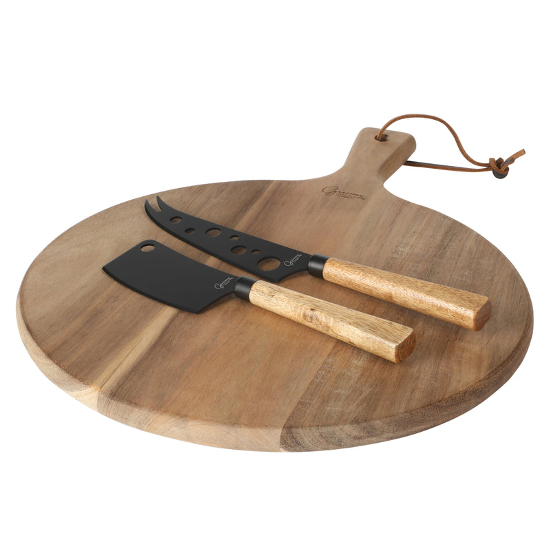 Gibson Elite Gracious Dining 2pc Cheese Knives w/ Leather Hang Rope Serving Board - Matte Black Coated Stainless Steel Blade - Acacia Handle - Clam Pack w/ Window Box