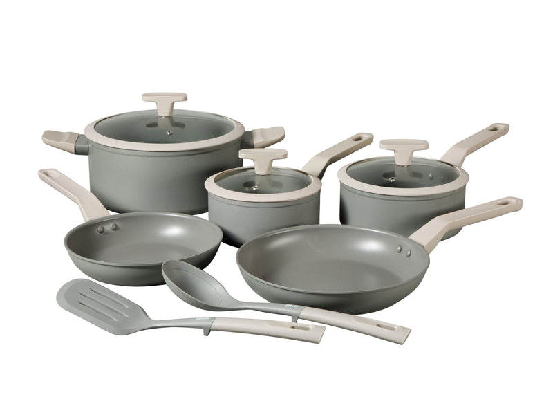 Oster Ambrose 10pc Forged Aluminum Cookware Set w/ Kitchen Tools - Taupe - Nonstick Interior - Induction Base - Silicone Rim Glass Lid - Soft Touch Handle - Gift Box w/ Remailer