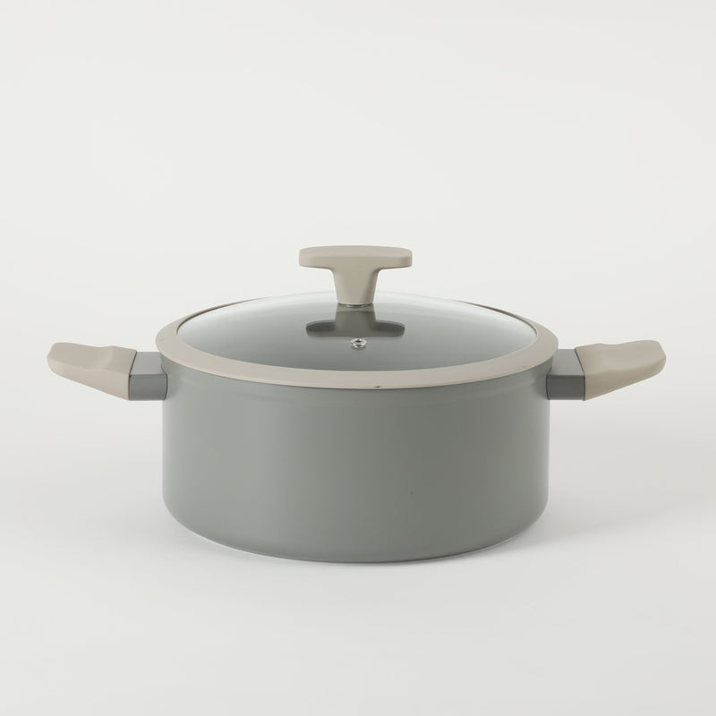 Oster Ambrose 5qt Forged Aluminum Dutch Oven w/ Silicone Rim Glass Lid - Taupe - Nonstick Interior - Induction Base - Soft Touch Handle - Color Sleeve