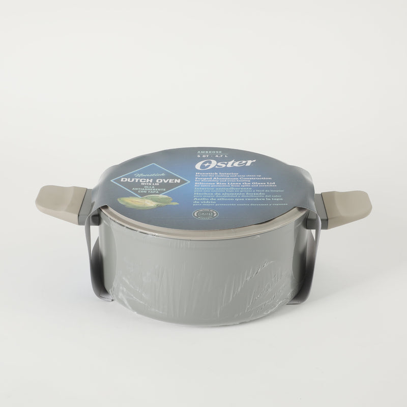 Oster Ambrose 5qt Forged Aluminum Dutch Oven w/ Silicone Rim Glass Lid - Taupe - Nonstick Interior - Induction Base - Soft Touch Handle - Color Sleeve