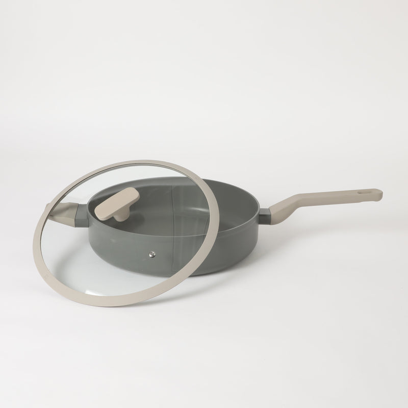 Oster Ambrose Forged 4.5" Aluminum Sauté Pan w/Silicon Rim Glass Lid - Taupe - Nonstick - Induction Base - Soft Touch Handle - Color Sleeve