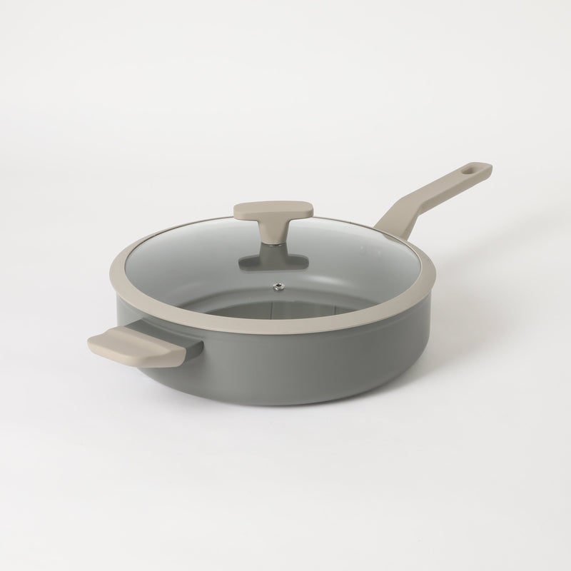 Oster Ambrose Forged 4.5" Aluminum Sauté Pan w/Silicon Rim Glass Lid - Taupe - Nonstick - Induction Base - Soft Touch Handle - Color Sleeve
