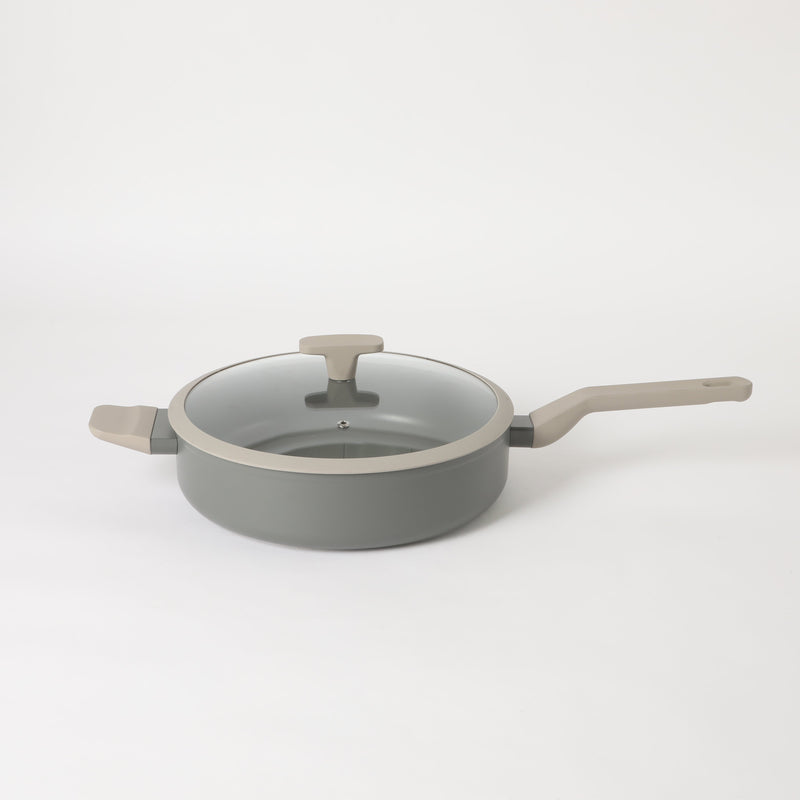 Oster Ambrose Forged 4.5" Aluminum Sauté Pan w/Silicon Rim Glass Lid - Taupe - Nonstick - Induction Base - Soft Touch Handle - Color Sleeve