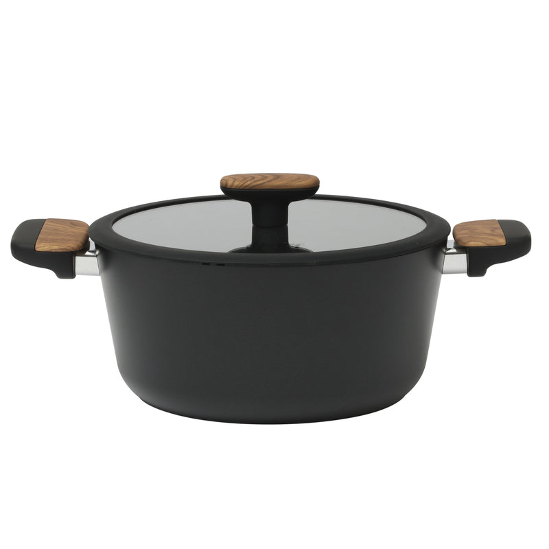 Oster Oxburg 14pc Aluminum Cookware Combo Set - Matte Black - Nonstick Interior - Induction Base - Black 2 Tone Soft Touch Wooden Handle - Gift Box w/ Remailer