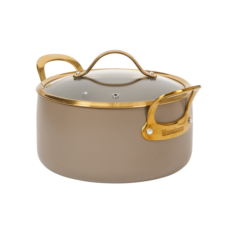 Bloomhouse 15pc Aluminum Cookware Set - Cappuccino - Taupe Ceramic Non-Stick Interior - Nonstick - Induction - Gold PVD Stainless SteelRim Glass Lid - Cast Stainless Steel Gold PVD Handle - Gift Box w/ Remailer