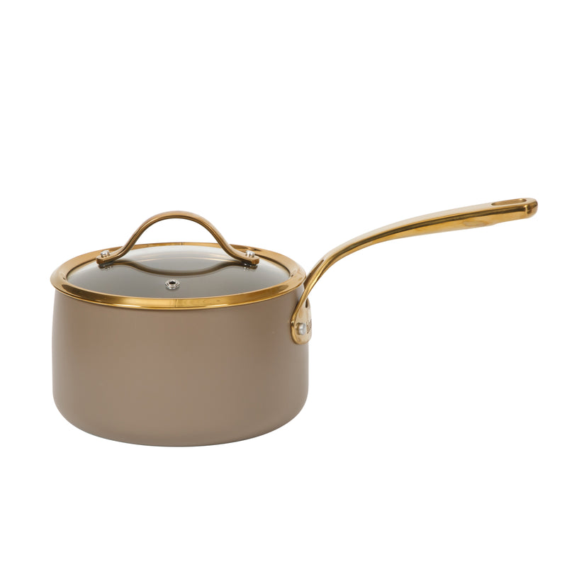 Bloomhouse 15pc Aluminum Cookware Set - Cappuccino - Taupe Ceramic Non-Stick Interior - Nonstick - Induction - Gold PVD Stainless SteelRim Glass Lid - Cast Stainless Steel Gold PVD Handle - Gift Box w/ Remailer
