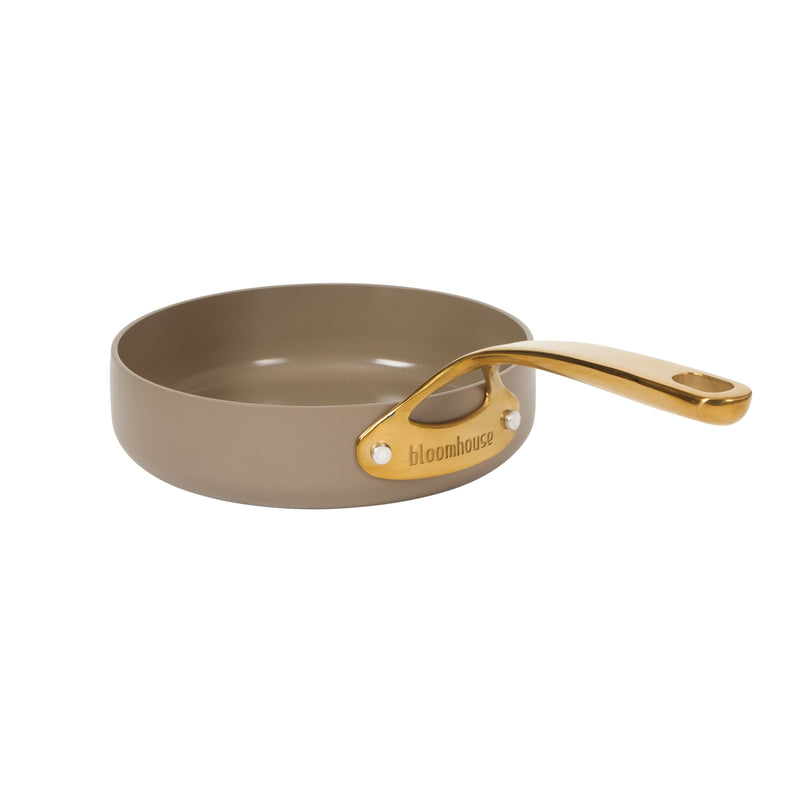 Bloomhouse 15pc Aluminum Cookware Set - Cappuccino - Taupe Ceramic Non-Stick Interior - Nonstick - Induction - Gold PVD Stainless SteelRim Glass Lid - Cast Stainless Steel Gold PVD Handle - Gift Box w/ Remailer
