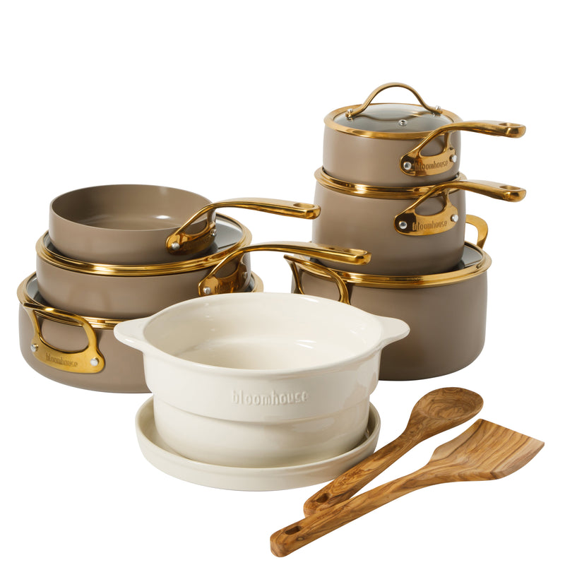 Bloomhouse 15pc Aluminum Cookware Set - Cappuccino - Taupe Ceramic Non-Stick Interior - Nonstick - Induction - Gold PVD Stainless SteelRim Glass Lid - Cast Stainless Steel Gold PVD Handle - Gift Box w/ Remailer