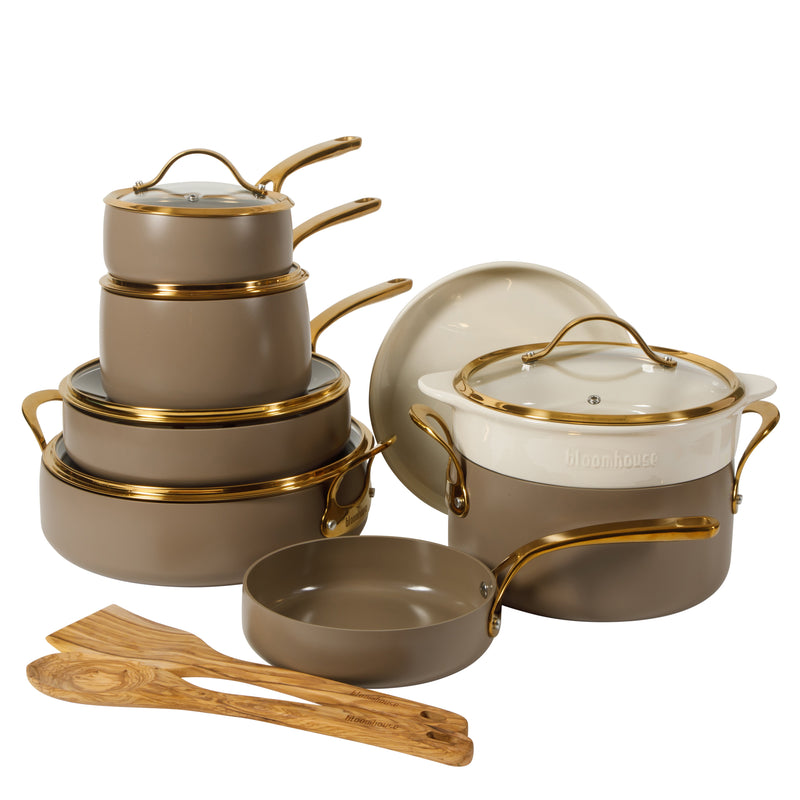 Bloomhouse 15pc Aluminum Cookware Set - Cappuccino - Taupe Ceramic Non-Stick Interior - Nonstick - Induction - Gold PVD Stainless SteelRim Glass Lid - Cast Stainless Steel Gold PVD Handle - Gift Box w/ Remailer