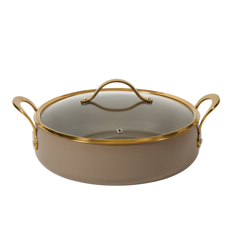 Bloomhouse 15pc Aluminum Cookware Set - Cappuccino - Taupe Ceramic Non-Stick Interior - Nonstick - Induction - Gold PVD Stainless SteelRim Glass Lid - Cast Stainless Steel Gold PVD Handle - Gift Box w/ Remailer