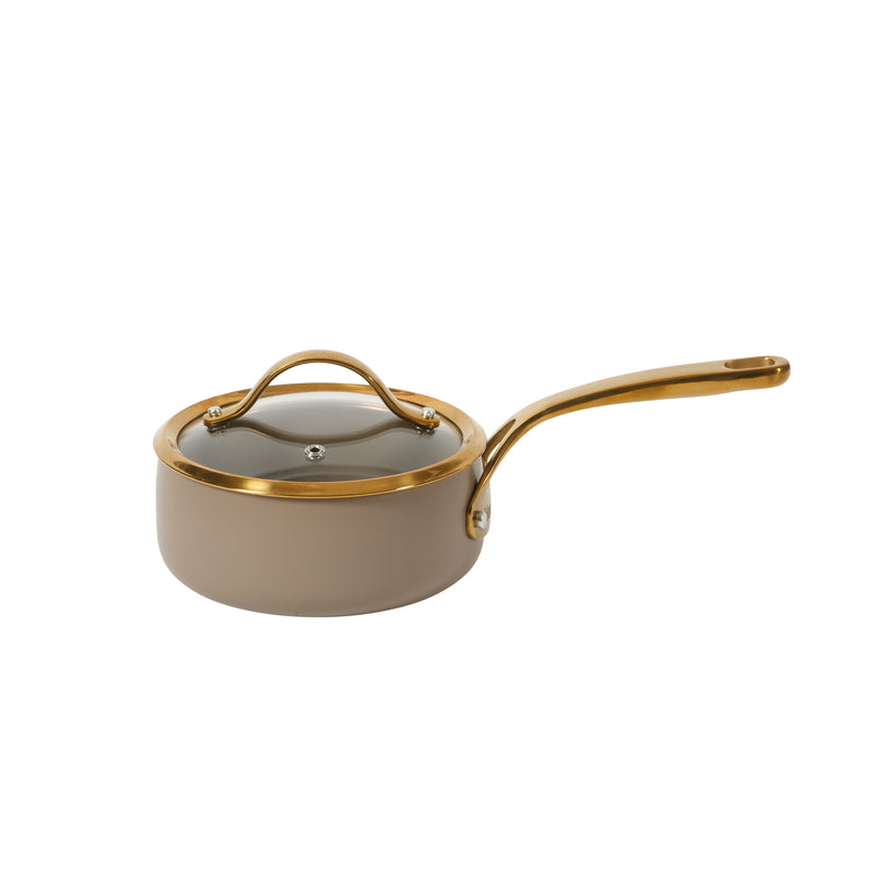 Bloomhouse 15pc Aluminum Cookware Set - Cappuccino - Taupe Ceramic Non-Stick Interior - Nonstick - Induction - Gold PVD Stainless SteelRim Glass Lid - Cast Stainless Steel Gold PVD Handle - Gift Box w/ Remailer