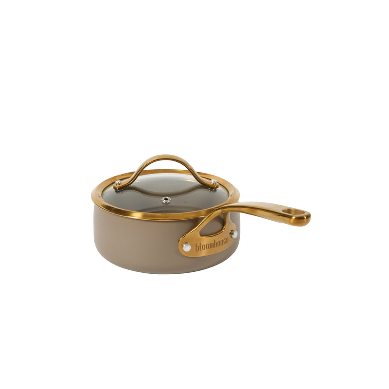 Bloomhouse 15pc Aluminum Cookware Set - Cappuccino - Taupe Ceramic Non-Stick Interior - Nonstick - Induction - Gold PVD Stainless SteelRim Glass Lid - Cast Stainless Steel Gold PVD Handle - Gift Box w/ Remailer
