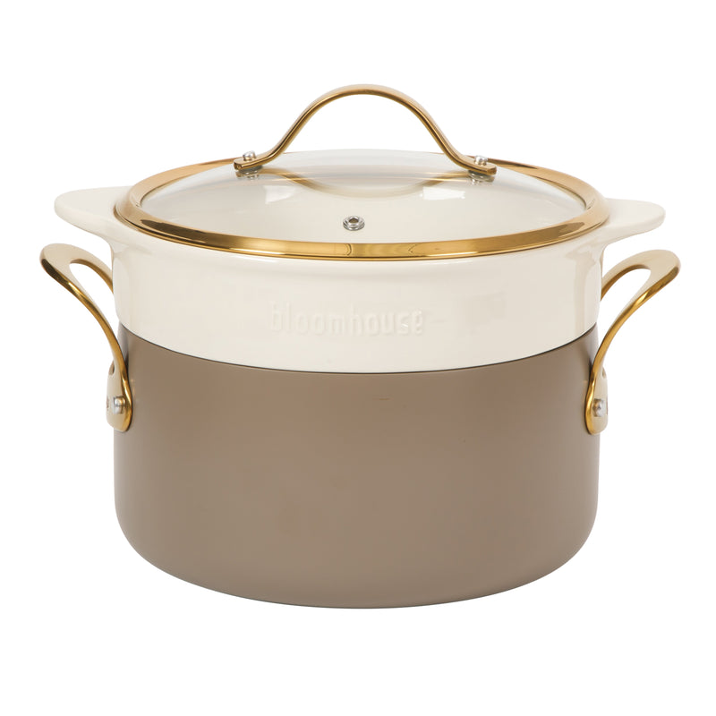 Bloomhouse 8pc Aluminum Cookware Set - Cappuccino - Taupe Ceramic Non-Stick Interior - Gold PVD Stainless Steel Rim Glass Lid - Induction - Cast Stainless Steel Gold PVD Handle - Gift Box w/ Remailer