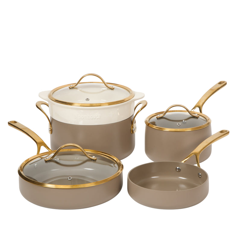 Bloomhouse 8pc Aluminum Cookware Set - Cappuccino - Taupe Ceramic Non-Stick Interior - Gold PVD Stainless Steel Rim Glass Lid - Induction - Cast Stainless Steel Gold PVD Handle - Gift Box w/ Remailer