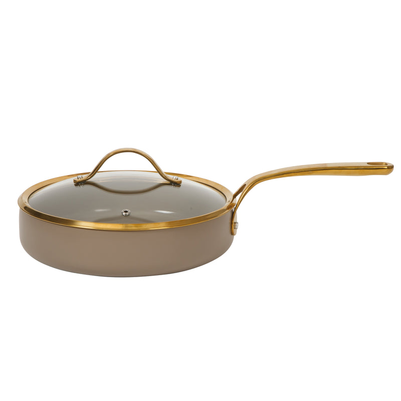 Bloomhouse 8pc Aluminum Cookware Set - Cappuccino - Taupe Ceramic Non-Stick Interior - Gold PVD Stainless Steel Rim Glass Lid - Induction - Cast Stainless Steel Gold PVD Handle - Gift Box w/ Remailer