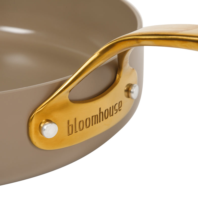 Bloomhouse 8" Aluminum Frying Pan - Cappuccino - Taupe Ceramic Non-Stick Interior - Induction - Cast Stainless Steel Gold PVD Handle - Gift Box w/ Remailer