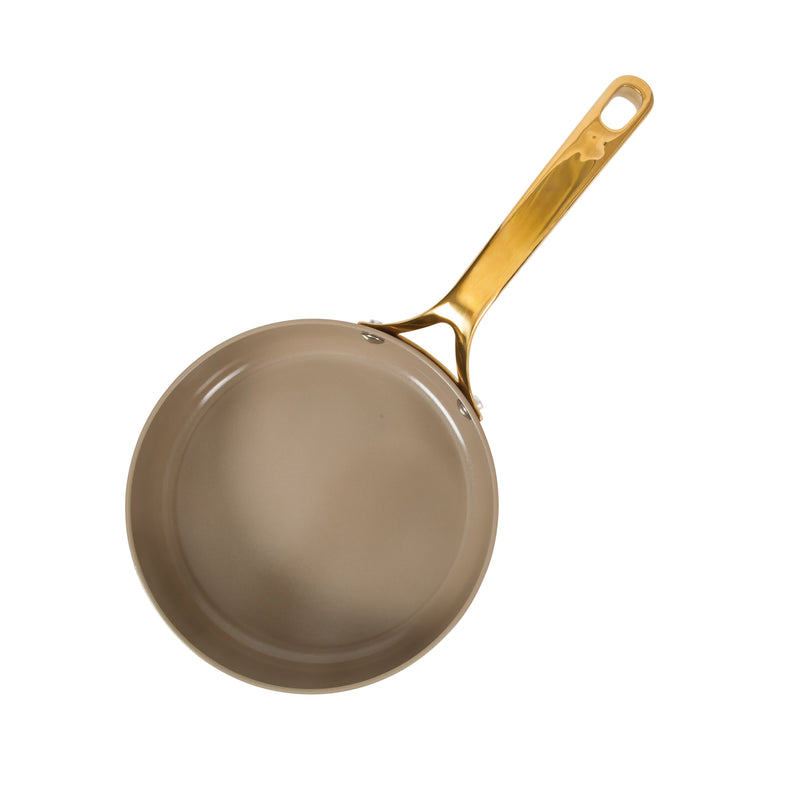 Bloomhouse 8" Aluminum Frying Pan - Cappuccino - Taupe Ceramic Non-Stick Interior - Induction - Cast Stainless Steel Gold PVD Handle - Gift Box w/ Remailer