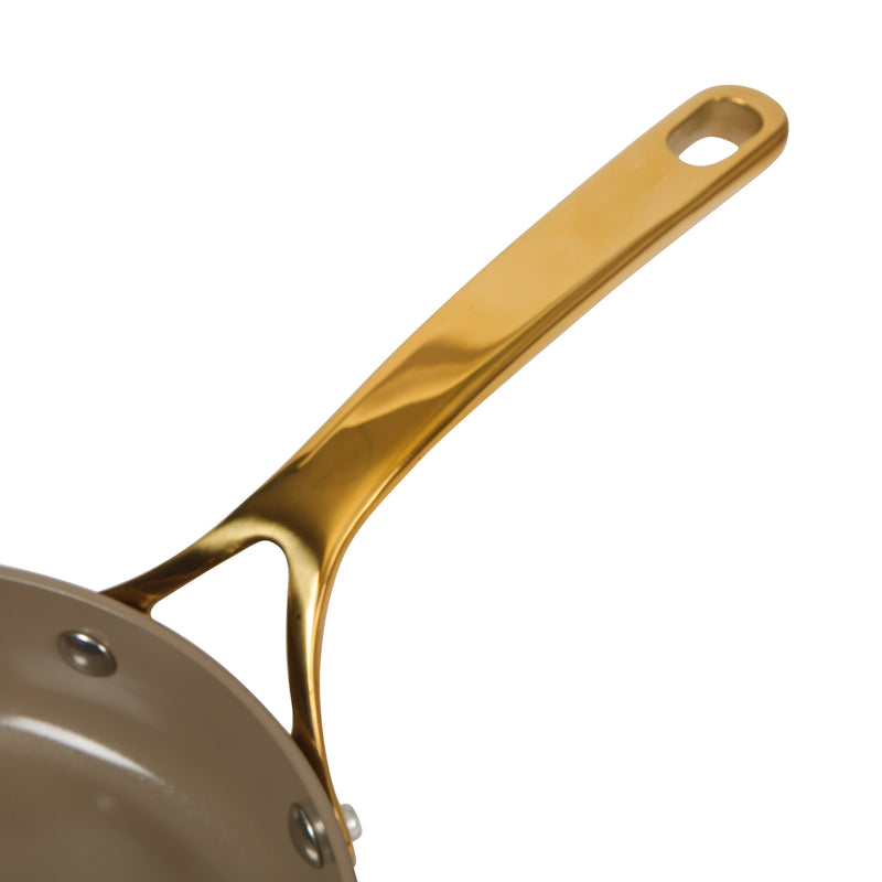 Bloomhouse 8" Aluminum Frying Pan - Cappuccino - Taupe Ceramic Non-Stick Interior - Induction - Cast Stainless Steel Gold PVD Handle - Gift Box w/ Remailer