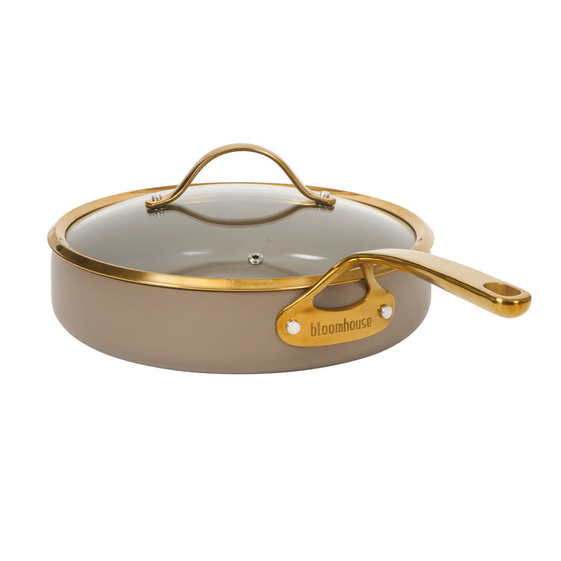 Bloomhouse 10" Aluminum Frying Pan w/ Lid- Cappuccino - Taupe Ceramic Non-Stick Interior - Induction - Cast Stainless Steel Gold PVD Handle - Gift Box w/ Remailer