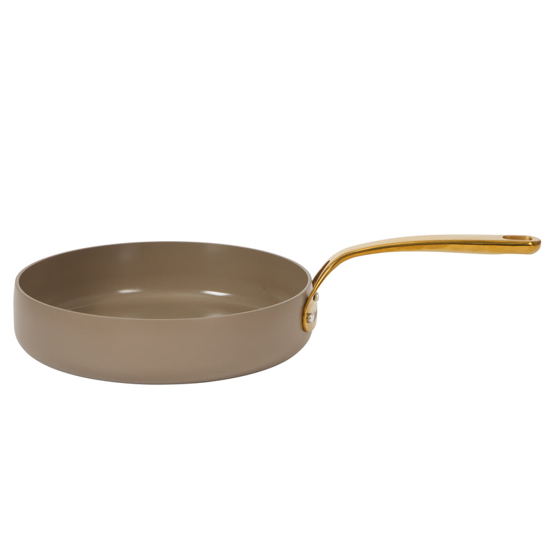 Bloomhouse 10" Aluminum Frying Pan w/ Lid- Cappuccino - Taupe Ceramic Non-Stick Interior - Induction - Cast Stainless Steel Gold PVD Handle - Gift Box w/ Remailer