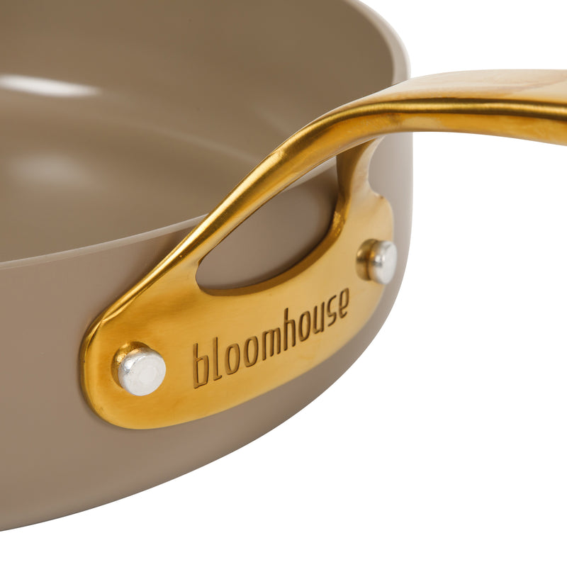 Bloomhouse 10" Aluminum Frying Pan w/ Lid- Cappuccino - Taupe Ceramic Non-Stick Interior - Induction - Cast Stainless Steel Gold PVD Handle - Gift Box w/ Remailer