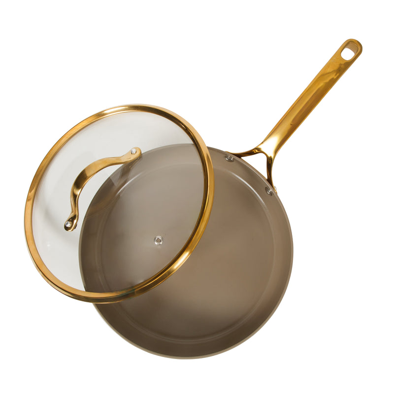 Bloomhouse 10" Aluminum Frying Pan w/ Lid- Cappuccino - Taupe Ceramic Non-Stick Interior - Induction - Cast Stainless Steel Gold PVD Handle - Gift Box w/ Remailer