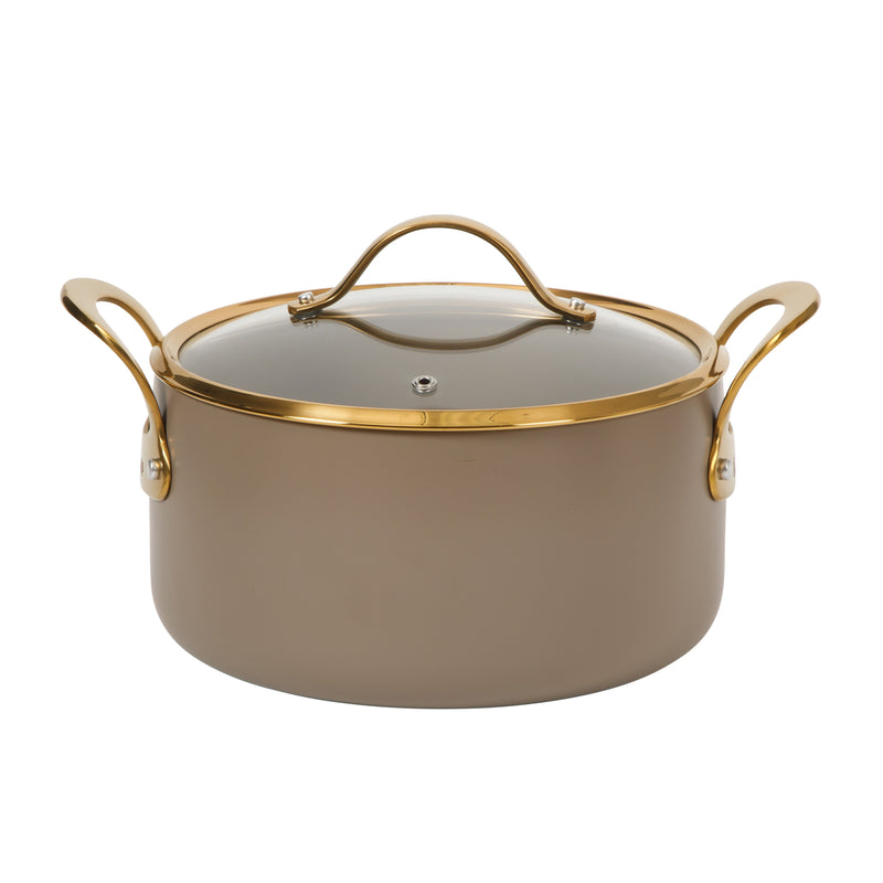 Bloomhouse 6qt Aluminum Dutch Oven w/ Lid - Cappuccino - Taupe Ceramic Non-Stick Interior - Induction - Cast Stainless Steel Gold PVD Handle - Gift Box w/ Remailer